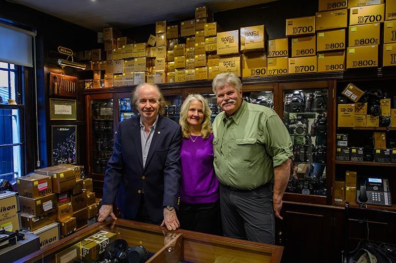 Gray Levett, Sharon and Moose Peterson in Grays of Westminster's second hand Nikon department.